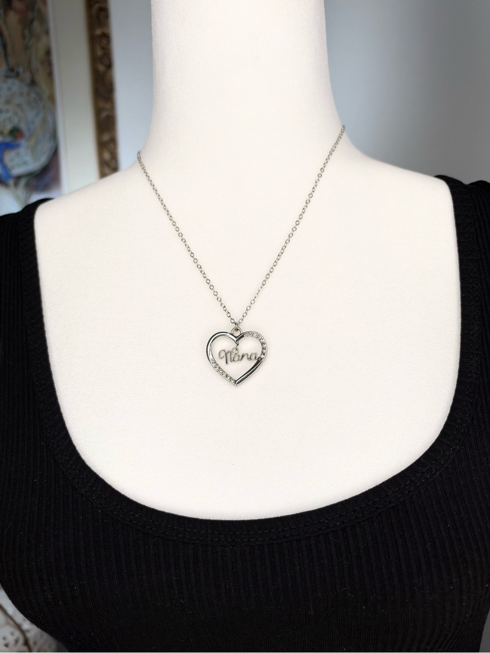 Nana Heart Necklace Silver Tone Rhinestone Grandma Gift Pendant 20”